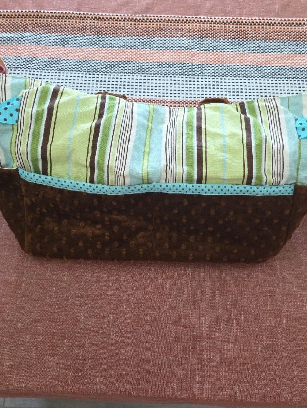 Striped Green and Brown Baby Bag with Blue Accents